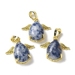 (306FM) Жонкиль матовый с лаймовой подкладкой Натуральные синие пятна яшмы подвески, подвески-слезинки с золотистыми латунными крыльями, стойки покрытие, без кадмия и без свинца, 22.5x24.5x9 мм, отверстие : 7.5x4.5 мм
