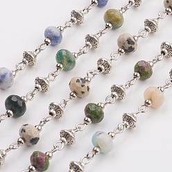 Mixed Stone Natural Gemstone Beads Handmade Chains, Unwelded, with Iron Spacer Bead, Tibetan Style Bead, Iron Eye Pin, Faceted, 17x7.5mm, 39.37 inch(1m)/strand