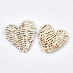 Antique White Handmade Reed Cane/Rattan Woven Beads, For Making Straw Earrings and Necklaces, No Hole/Undrilled, Heart, Antique White, 49~61x46~60x5~10mm