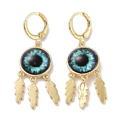 Pale Turquoise Real 18K Gold Plated Brass Feather Chandelier Earrings, Glass Evil Eye Drop Earrings, Pale Turquoise, 43.5x14mm