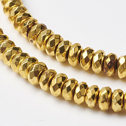 Golden Plated Non-magnetic Synthetic Hematite Beads Strands, Faceted, Rondelle, Golden Plated, 6x3mm, Hole: 1mm, about 132pcs/strand, 15.7 inch
