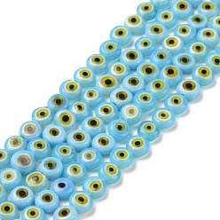 Light Blue Handmade Lampwork Beads, Flat Round with Evil Eye, Light Blue, 4.5x2.5mm, Hole: 0.6mm, about 90~100pcs/strand, 15.35''~15.75''(39~40cm)