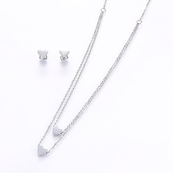 Stainless Steel Color 304 Stainless Steel Jewelry Sets, Stud Earrings and Pendant Tiered Necklaces, Heart, Stainless Steel Color, Necklace: 18.1 inch(46cm), 1.5mm, Stud Earrings: 7x8x1.2mm, Pin: 0.8mm