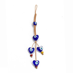 Heart Evil Eye Glass Pendant Decorations, Tassel Hemp Rope Hanging Ornament, Royal Blue, Heart Pattern, 165mm