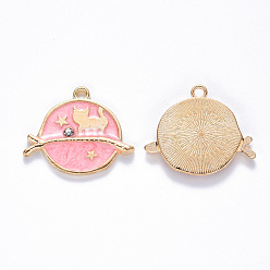 Light Coral Alloy Enamel Pendants, with Crystal Rhinestone, Flat Round, Star & Cat, Clear, Light Gold, Light Coral, 22x26x2.5mm, Hole: 2mm