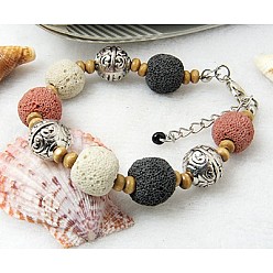 Colorful Lava Rock Bracelets, with Alloy beads, Wood Beads, Iron Chains and Alloy Lobster Clasps, Colorful, 190mm, bead: 12mm