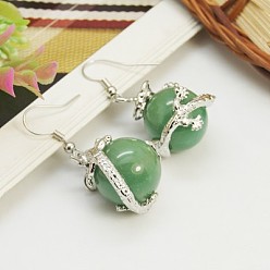 Green Aventurine Fashion Gemstone Earrings, Green Aventurine with Brass Earring Hooks, Medium Sea Green, 42x20mm, Pin: 0.7mm