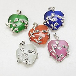 Mixed Color Cat Eye Pendants, with Brass Findings, Heart, Platinum Color, Mixed Color, 23x21x9mm, Hole: 5x4mm