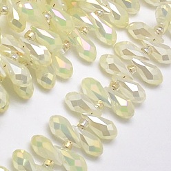 Honeydew Electroplate Glass Beads Strands, Top Drilled Beads, Full Pearl Luster Plated, Faceted, Teardrop, Honeydew, 12x6mm, Hole: 1mm