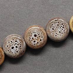 Tan Handmade Porcelain Beads, Fancy Antique Glazed Porcelain, Flat Round, Tan, 12x7mm, Hole: 3mm