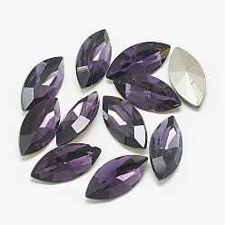 Tanzanite Pointed Back Glass Rhinestone Cabochons, Back Plated, Faceted, Horse Eye, Tanzanite, 26.5x13x7mm