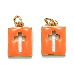 Оранжевый Латунь эмаль прелести, реальный 18 k позолоченный, долговечный, прямоугольник с крестом, оранжевые, 14.5x9.5x2 мм, отверстие : 3 мм, Перейти кольцо: 5x0.8 мм
