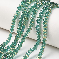 Teal Electroplate Transparent Glass Beads Strands, Full Rainbow Plated, Faceted, Rondelle, Teal, 6x5mm, Hole: 1mm, about 85~88pcs/strand, 16.1~16.5 inch(41~42cm)