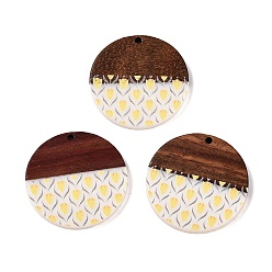 Yellow Printed Resin & Wood Pendants, Flat Round Charm with Flower Pattern, Yellow, 35x2~3mm, Hole: 2mm