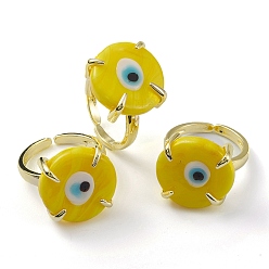 Yellow Lampwork Evil Eye Open Cuff Ring, Light Gold Brass Lucky Jewelry for Women, Lead Free & Cadmium Free, Yellow, US Size 6 1/4(16.7mm)