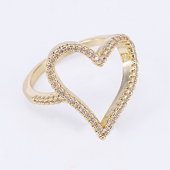 Golden Brass Micro Pave Cubic Zirconia Finger Rings, Heart, Size 7, Golden, 17mm