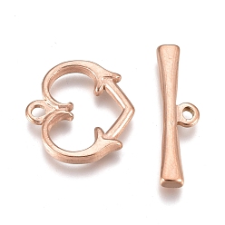 Rose Gold Ion Plating(IP) 304 Stainless Steel Toggle Clasps, Heart, Rose Gold, Heart: 15.3x15.5x2.3mm, Hole: 1.6mm, Bar: 6x21.2x2.4mm, Hole: 1.5mm