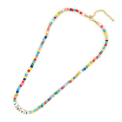 QT-N200006C Bohemian Rainbow Glass Bead Necklace with Letter Charm Pendant for Women