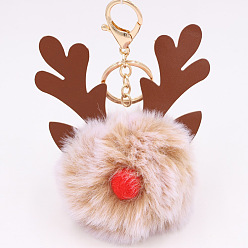 Bisque Christmas Deer Antler Pom-Pom Keychain with Plush Elk Charm for Women's Handbag Gift
