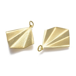 Golden Rack Plating Brass Pendants, with Jump Rings, Textured, Rhombus, Golden, 32x26.5x2.5mm, Hole: 3.5mm