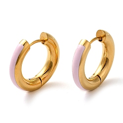 Pink Real 18K Gold Plated 304 Stainless Steel Hoop Earrings, with Enamel, Pink, 20x4mm