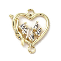 Golden Brass Pave Clear Cubic Zirconia Connector Charms, Heart Links, Valentine's Day, Golden, 18x15.5x2~2.5mm, Hole: 1.8mm