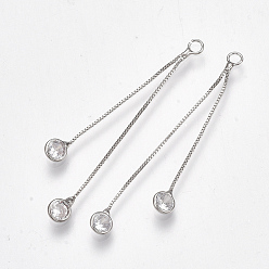 Clear Brass Cubic Zirconia Box Chain Tassel Pendants, Clear, Real Platinum Plated, 47~50x2mm, Hole: 2mm