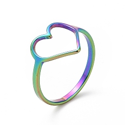 Rainbow Color Ion Plating(IP) 201 Stainless Steel Heart Finger Ring, Hollow Wide Ring for Women, Rainbow Color, US Size 6 1/2(16.9mm)