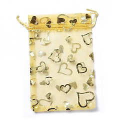 Champagne Yellow Organza Drawstring Jewelry Pouches, Wedding Party Gift Bags, Rectangle with Gold Stamping Heart Pattern, Champagne Yellow, 15x10x0.11cm