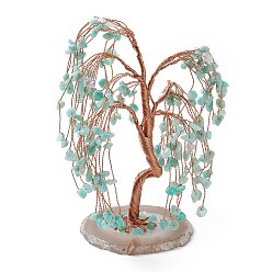 Amazonite Natural Amazonite Tree Display Decoration, Agate Slice Base Feng Shui Ornament for Wealth, Luck, Rose Gold Brass Wires Wrapped, 64~95x75~125x140~170mm