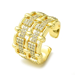 Real 16K Gold Plated Brass Micro Pave Cubic Zirconia Open Cuff Rings, Hollow Rectangle, Real 16K Gold Plated, US Size 7 3/4(17.9mm)