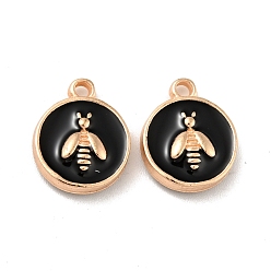 Black Alloy Enamel Charms, Light Gold, Flat Round with Bee, Black, 14~14.5x11.5x3.5mm, Hole: 1.6mm
