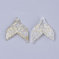 Gold Transparent Resin Pendants, with Sequins/Paillette, Fishtail Shape, Gold, 33x29x4.5mm, Hole: 1.6mm