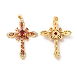 Brown Brass Pendants, with Glass & Cubic Zirconia, Lead Free & Cadmium Free, Cross Charms, Real 18K Gold Plated, Brown, 49x34x7mm, Hole: 5.1x3.4mm