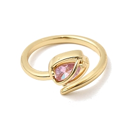 Pink Латунные микропаве кубические цирконии манжеты открытые кольца для женщин, цветок, долговечный, стойки покрытие, реальный 18 k позолоченный, розовые, размер США 7 1/4 (17.5 мм)