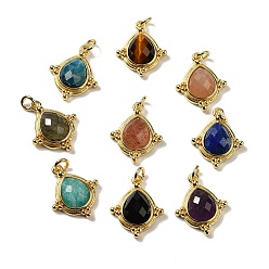 Mixed Stone Natural Mixed Stone Faceted Pendants, Rhombus Charms with Rack Plating Golden Tone Brass Findings, Cadmium Free & Lead Free, 19.5x16x5mm, Hole: 3mm