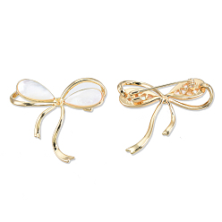 Real 18K Gold Plated Brass Micro Pave Clear Cubic Zirconia Brooch Findings, For Half Drilled Beads, with Shell, Cadmium Free & Nickel Free & Lead Free, Bowknot, Real 18K Gold Plated, 38x42.5mm, Pin: 1mm and 0.7mm(for half drilled bead)