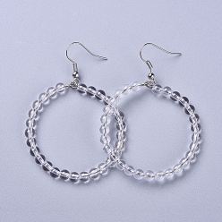 Quartz Crystal Natural Quartz Crystal Dangle Earrings, with Stainless Steel Hook, Ring, 60~61x44mm, Pin: 0.6mm