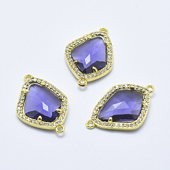 Mauve Brass Micro Pave Cubic Zirconia Links, with Glass, Faceted, teardrop, Golden, Mauve, 27x18x4.5mm, Hole: 1.4mm