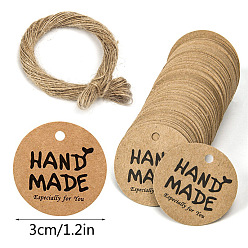 BurlyWood Kraft Paper Gift Tags, Hange Tags, with Hemp Rope, for Arts, Crafts and Food, Flat Round with Word Handmade Pattern, BurlyWood, Tag: 3cm, about 101pcs/bag