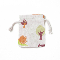 Colorful Burlap Packing Pouches, Drawstring Bags, Rectangle with Tree Pattern, Colorful, 8.7~9x7~7.2cm
