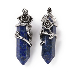 Lapis Lazuli Natural Dyed Lapis Lazuli Pointed Big Pendants, with Antique Silver Tone Rose Alloy Findings, Cadmium Free & Lead Free, Faceted, Bullet Charm, 48~50x16mm, Hole: 7x5mm