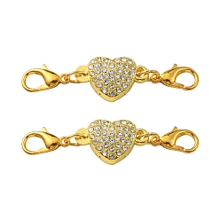 Golden Alloy Crystal Rhinestone Magnetic Clasps, with Lobster Claw Clasps, Heart, Golden, 45mm, Lobster Clasp: 12x7x3mm, Heart: 11x18x7mm