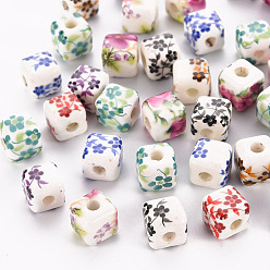 Mixed Color Printed Handmade Porcelain Beads, Cube, Mixed Color, 8.5x8.5x8.5mm, Hole: 2.5mm
