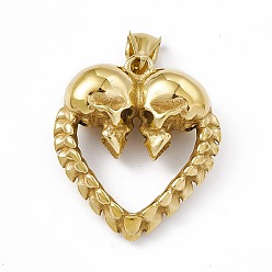 Antique Golden Ion Plating(IP) 304 Stainless Steel Manual Polishing Pendants, Heart with Skull Charm, Antique Golden, 36.5x32x12.5mm, Hole: 7x4mm