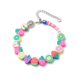 Colorful Polymer Clay Fruit & Alloy Saint Benedict & Lampwork Evil Eye Bead Bracelet, Cute Simulation Food Jewelry for Women, Colorful, Inner Diameter: 2-1/8 inch(5.4cm)