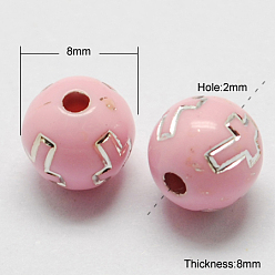 Pink Plating Acrylic Beads, Metal Enlaced, Round, Pink, 8x8mm, Hole: 2mm, 2000pcs/500g
