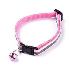 Pink Adjustable Polyester Reflective Dog/Cat Collar, Pet Supplies, with Iron Bell and Polypropylene(PP) Buckle, Pink, 21.5~35x1cm, Fit For 19~32cm Neck Circumference