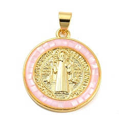 Pink Brass Charms, with Shell, Cadmium Free & Lead Free, Long-Lasting Plated,  Flat Round with Cssml Ndsmd Cross God Father Religious Christianity, Real 18K Gold Plated, Pink, 23x20x2mm, Hole: 4x3.5mm