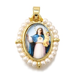 Белый Подвески из латуни с эмалью в стойку, с пластиковой имитационной жемчужиной, долговечный, без кадмия и без свинца, реальный 18 k позолоченный, овальные, белые, 28x22.5x6 мм, отверстие : 4.5x3.5 мм